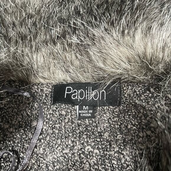 Papillon Embellished Gray Cardigan Faux Fur Collar M - Picture 7 of 8